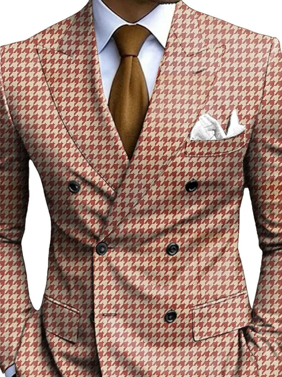 Men's Houndstooth Print Double-Breasted Casual Blazer