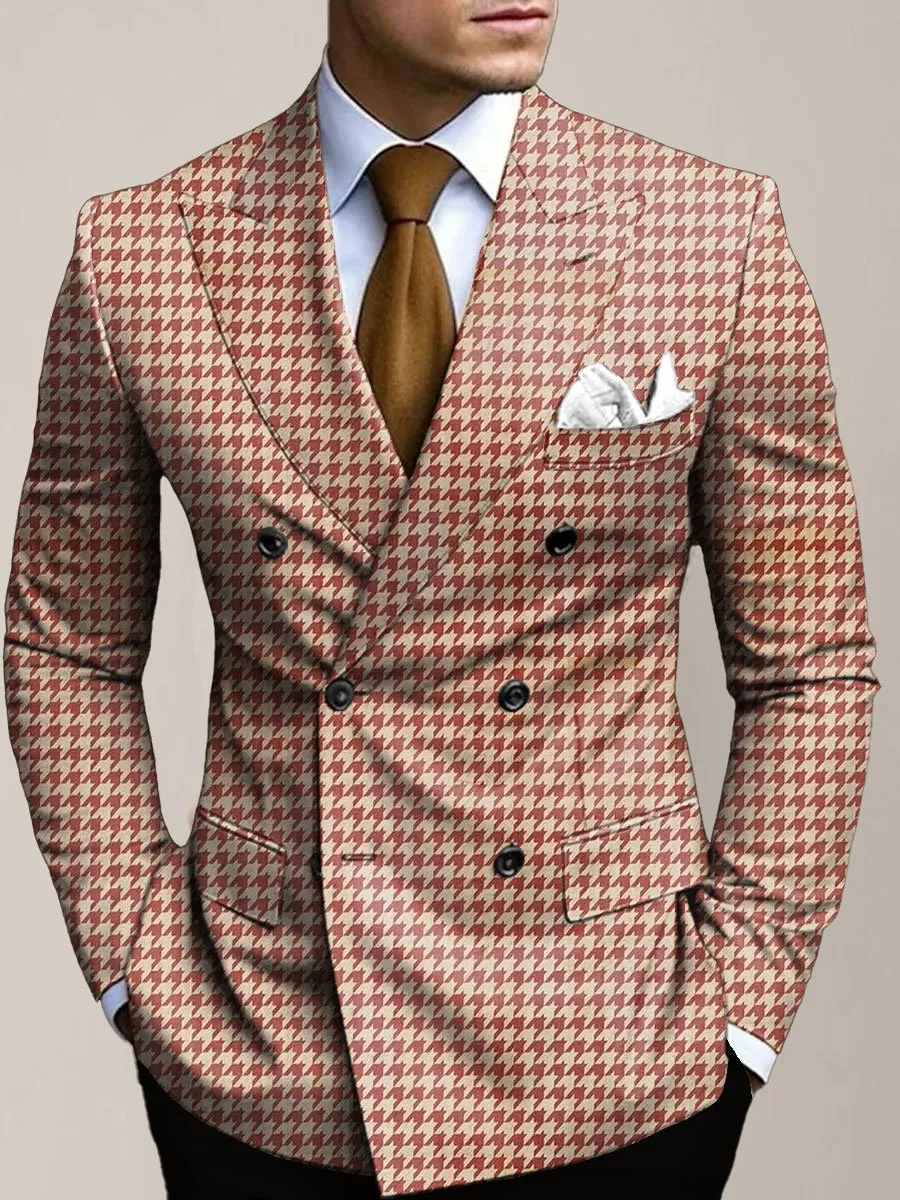 Men's Houndstooth Print Double-Breasted Casual Blazer