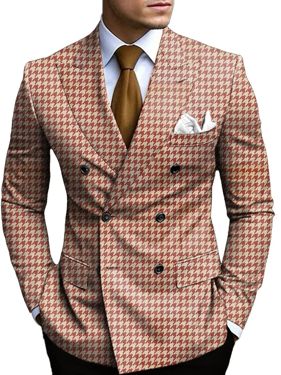 Men's Houndstooth Print Double-Breasted Casual Blazer