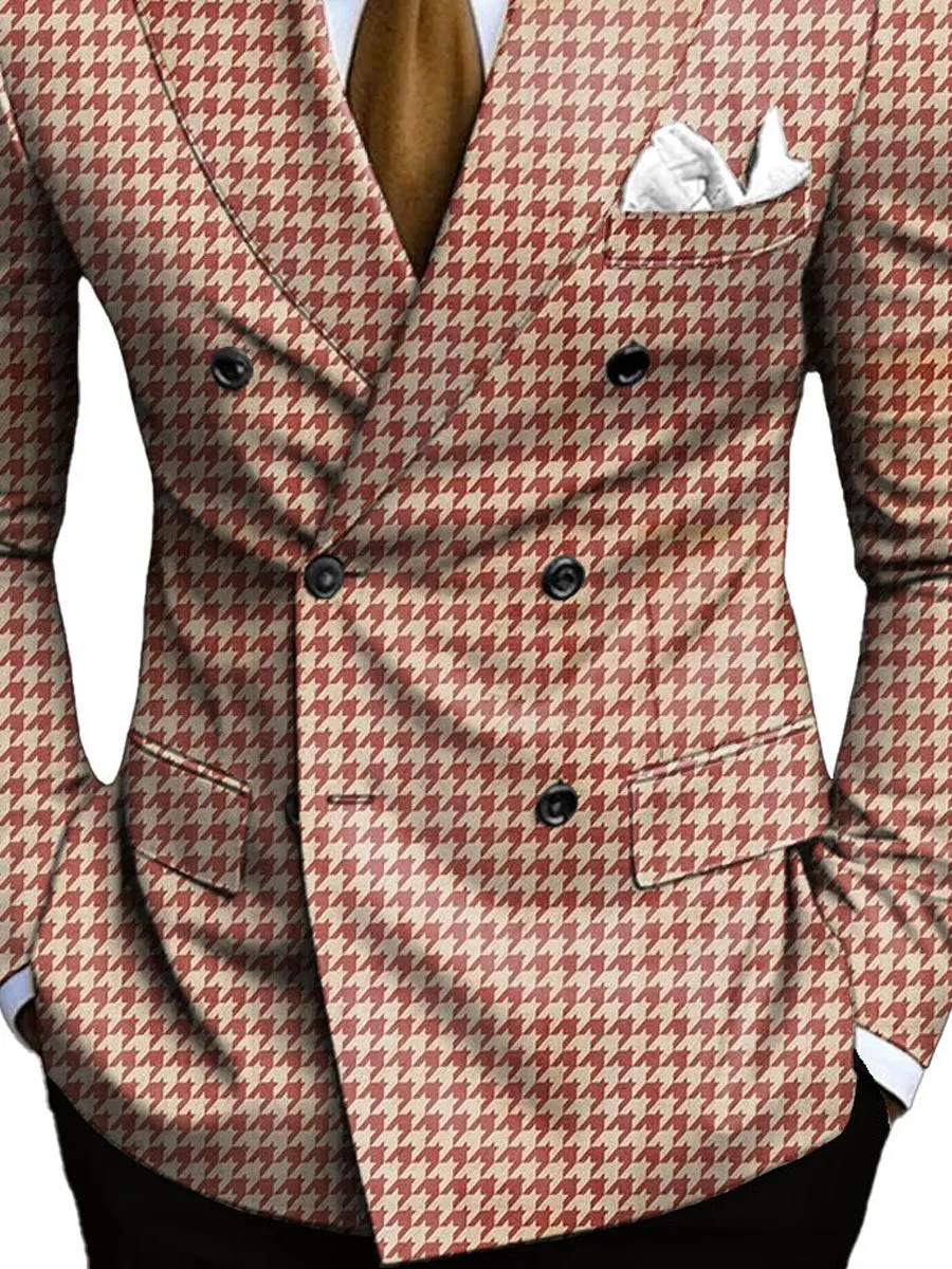 Men's Houndstooth Print Double-Breasted Casual Blazer