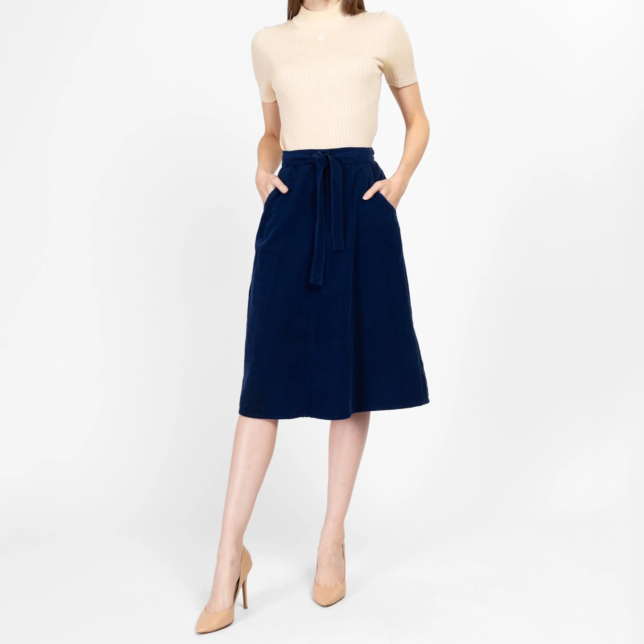 Small 70s Blue Corduroy Midi Wrap Skirt 25"-27"