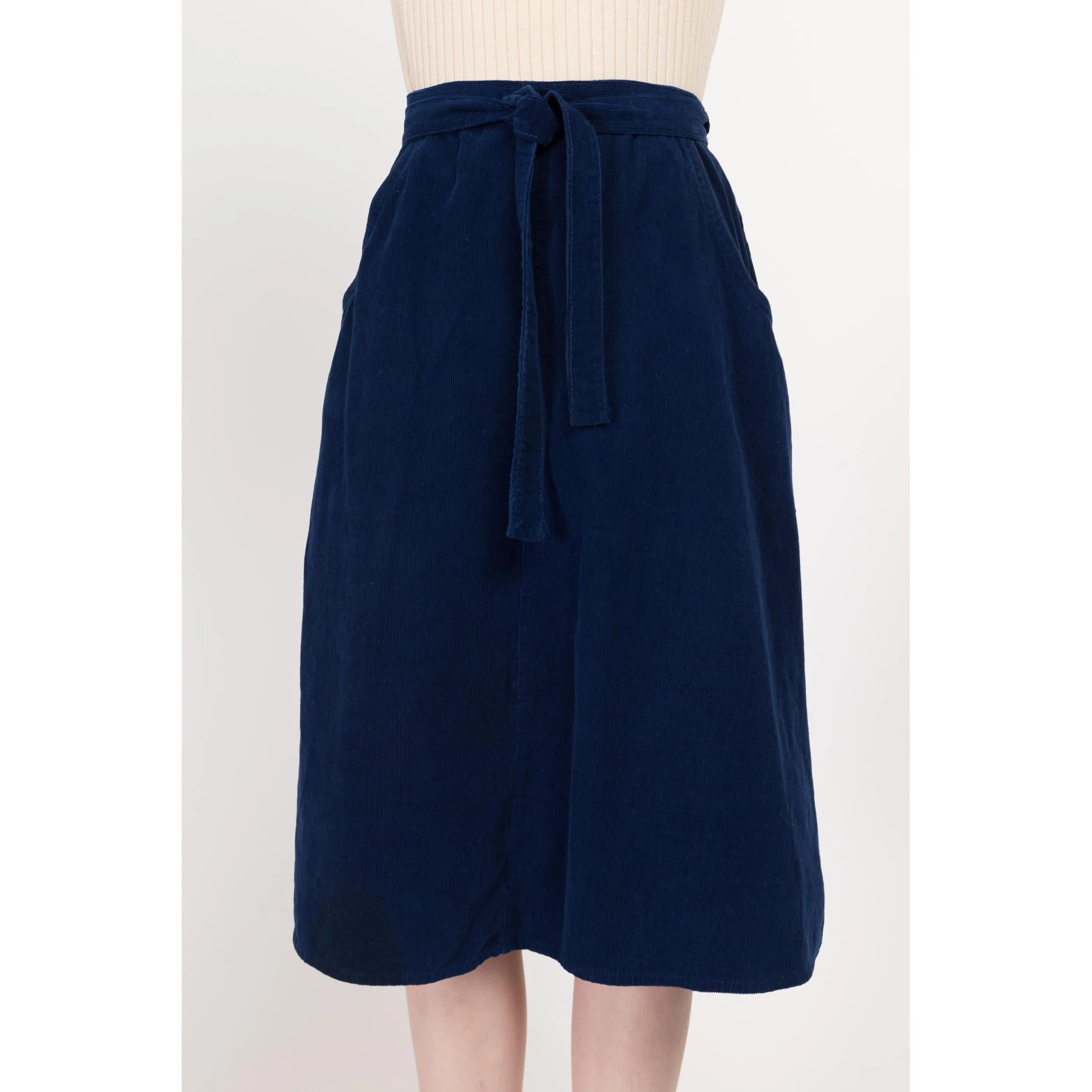 Small 70s Blue Corduroy Midi Wrap Skirt 25"-27"
