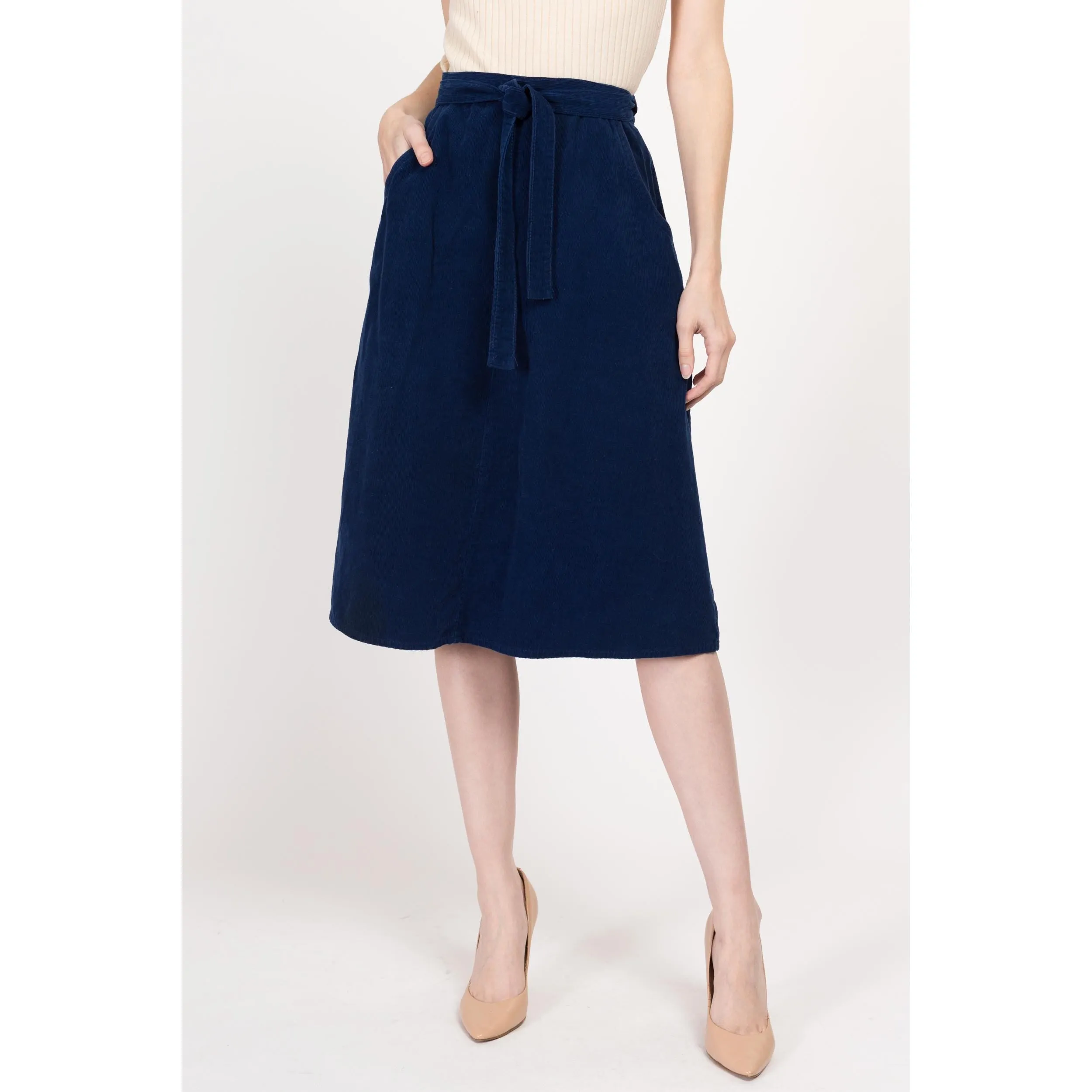Small 70s Blue Corduroy Midi Wrap Skirt 25"-27"