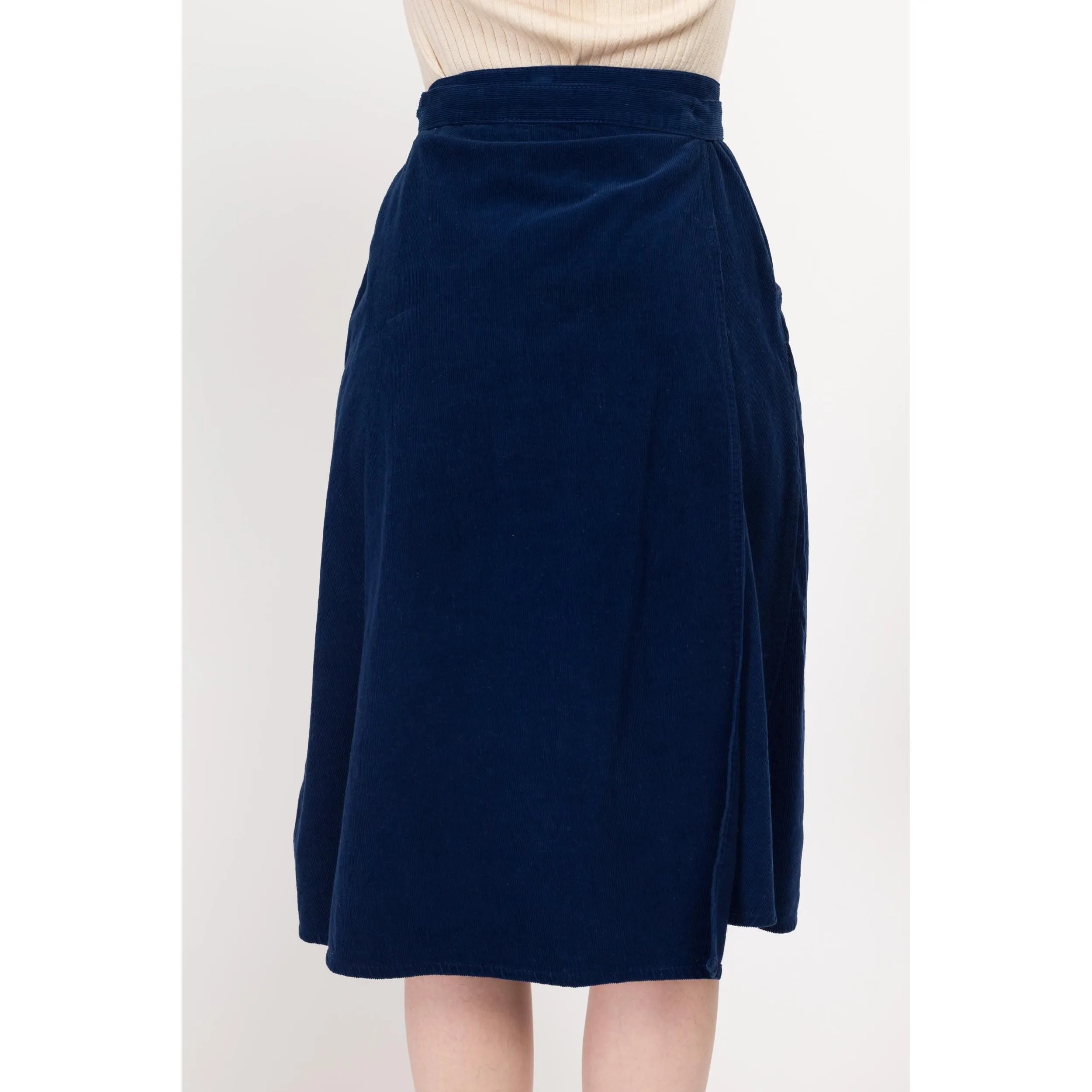 Small 70s Blue Corduroy Midi Wrap Skirt 25"-27"
