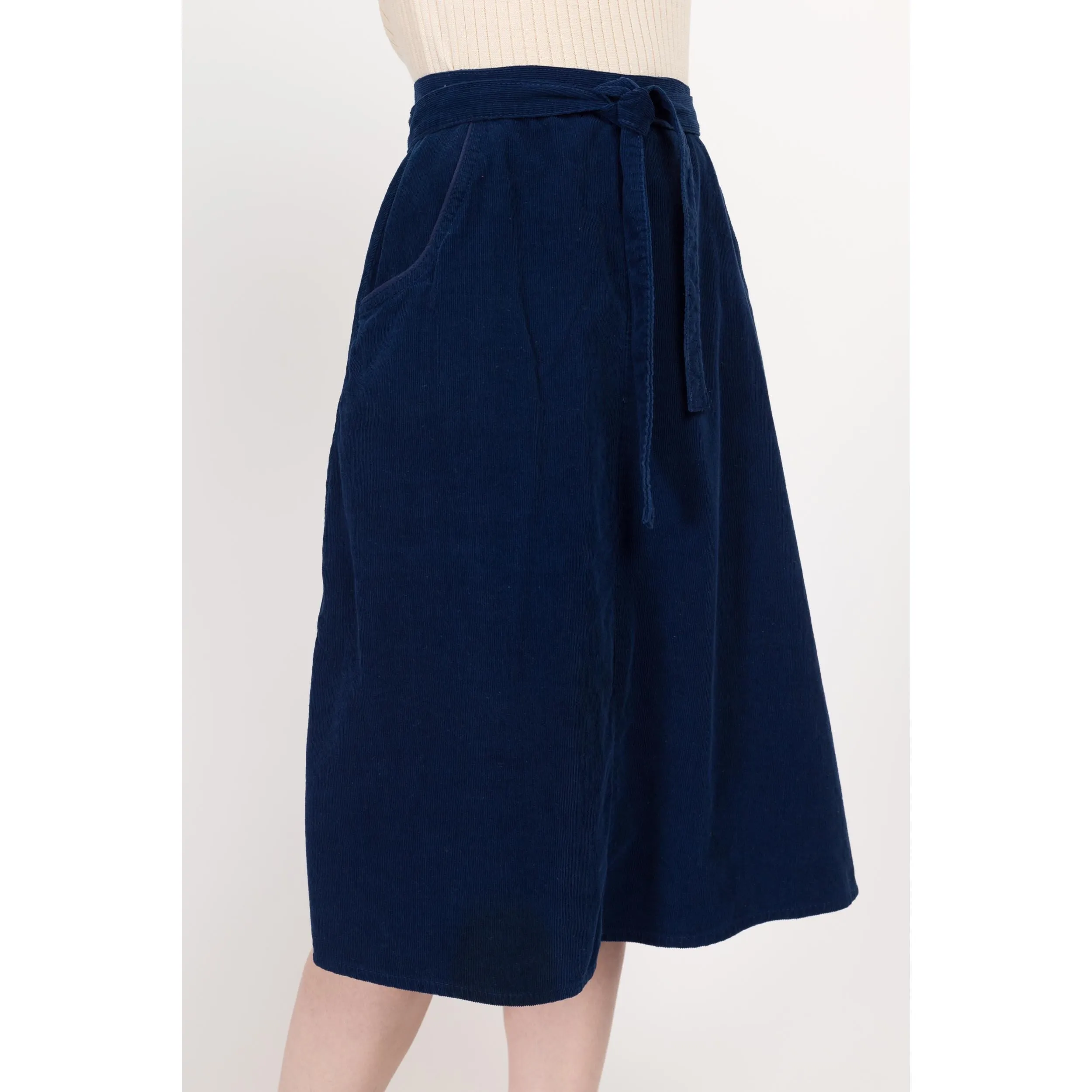 Small 70s Blue Corduroy Midi Wrap Skirt 25"-27"