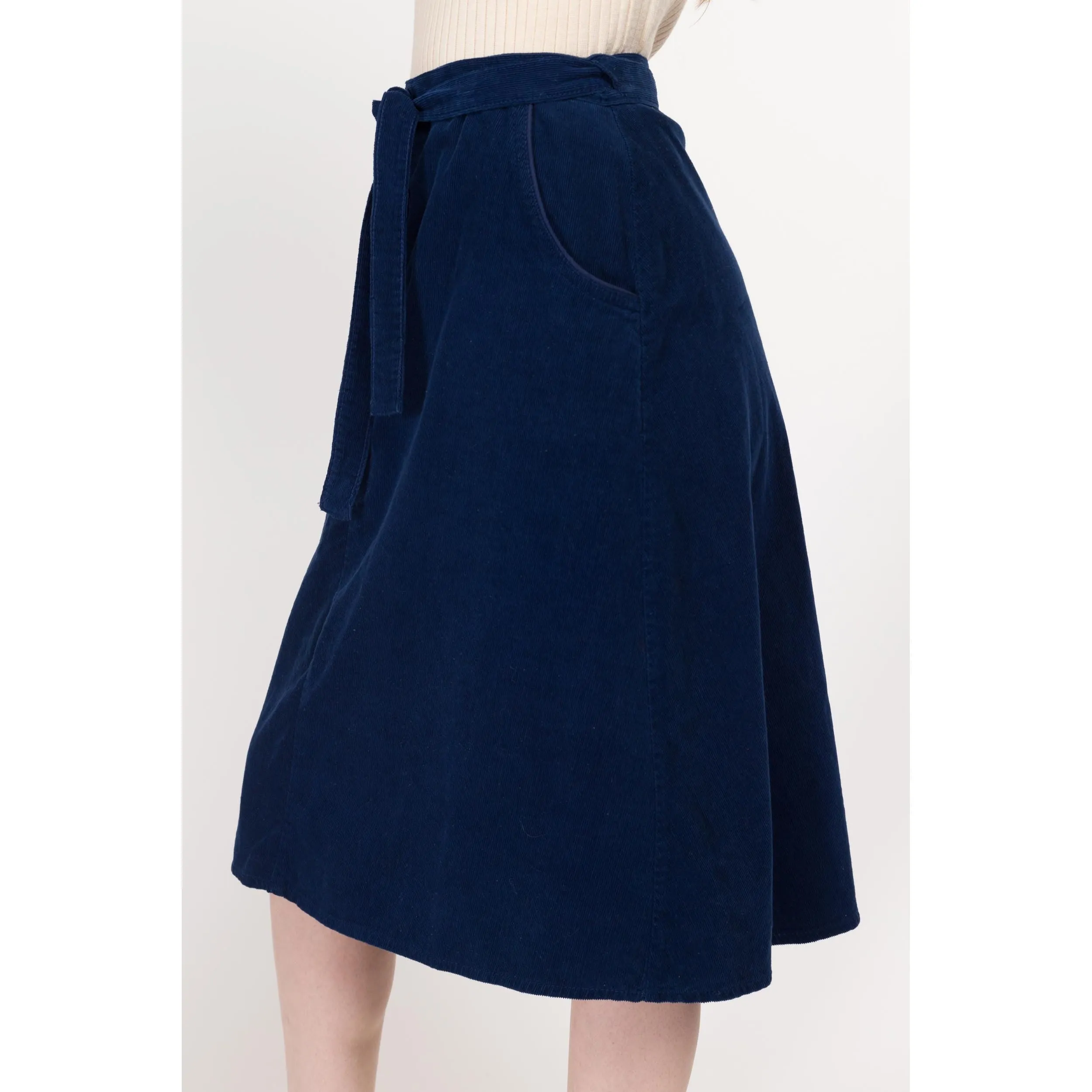 Small 70s Blue Corduroy Midi Wrap Skirt 25"-27"