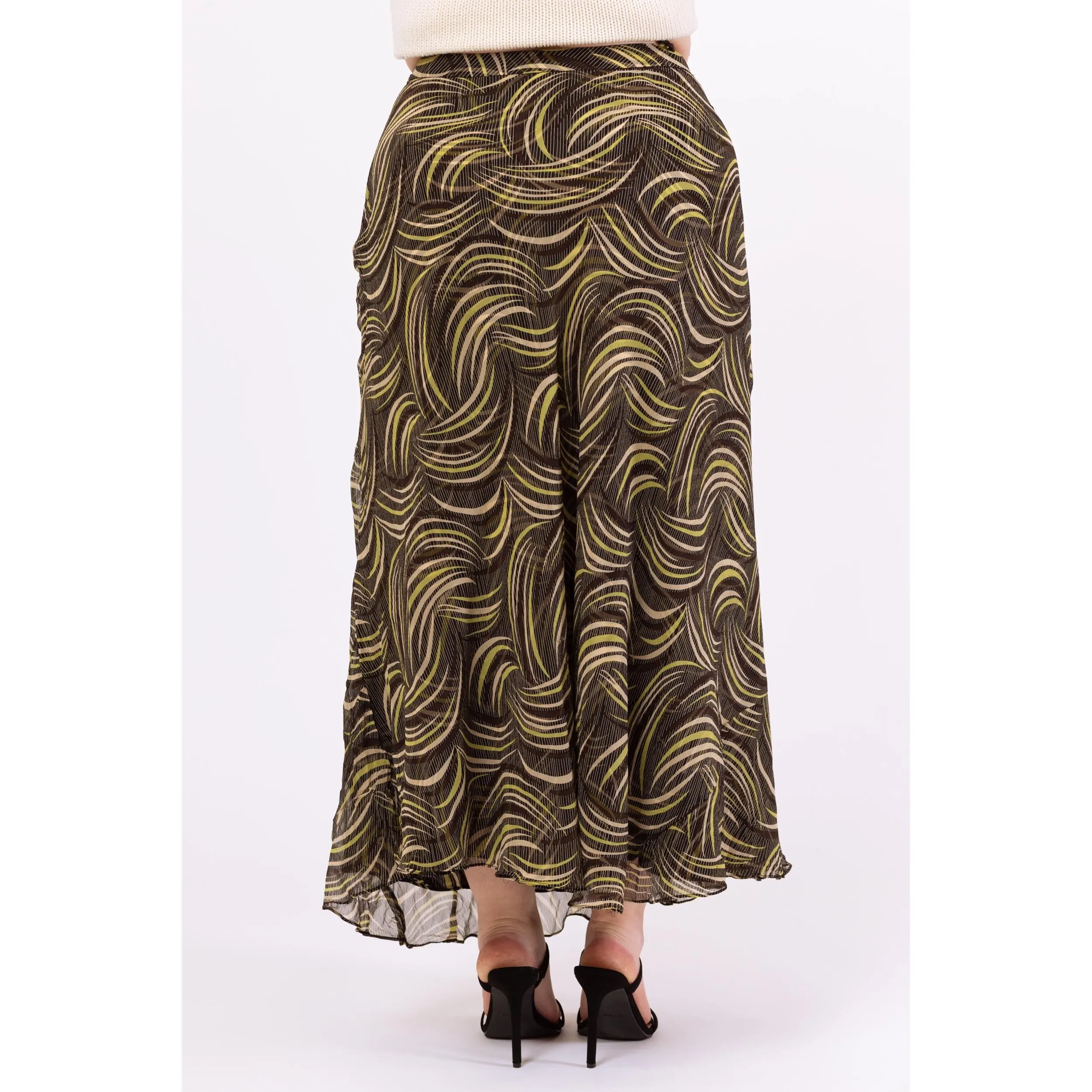 Vintage Y2K Black & Green Silk Abstract Print Maxi Skirt - Extra Large, Size 16