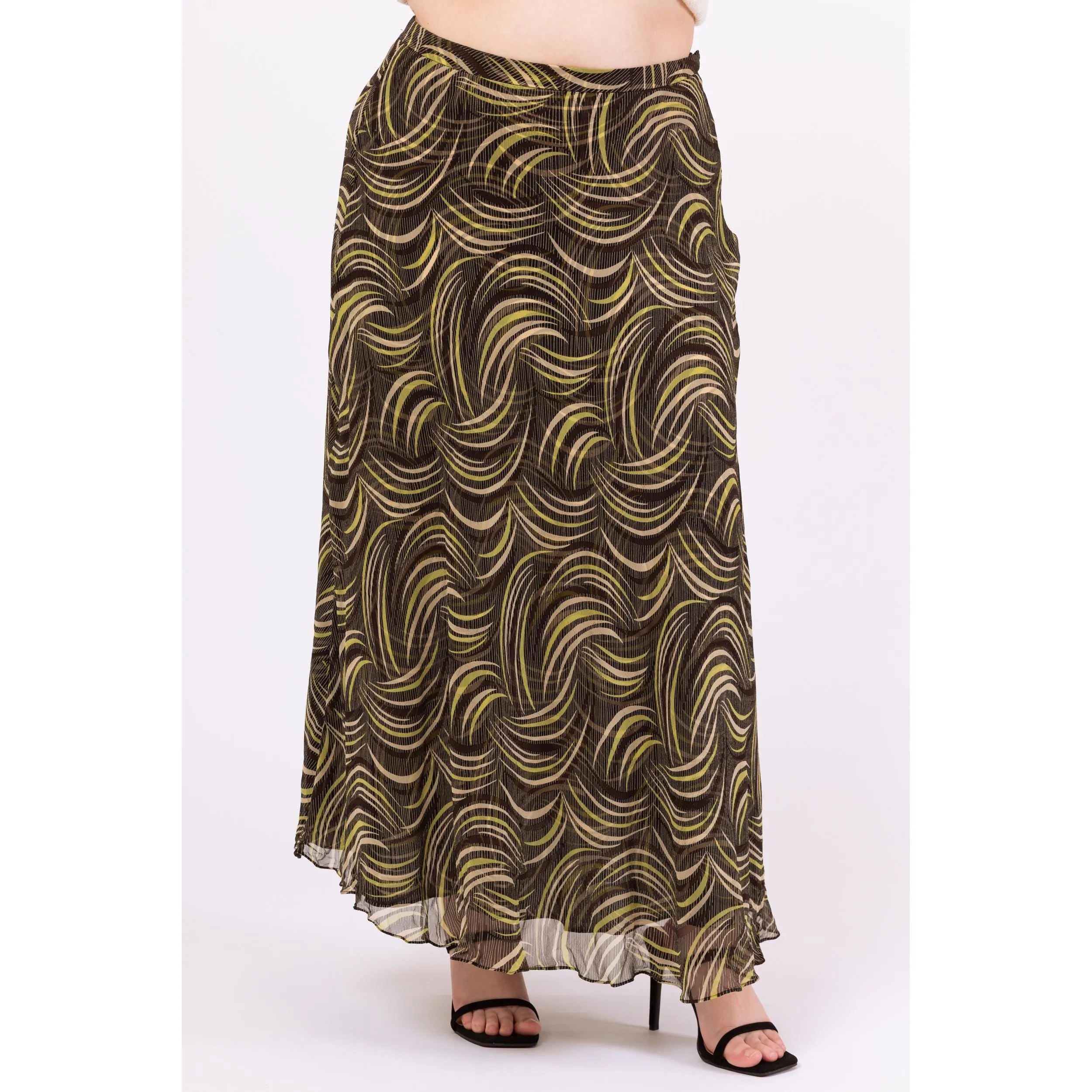 Vintage Y2K Black & Green Silk Abstract Print Maxi Skirt - Extra Large, Size 16