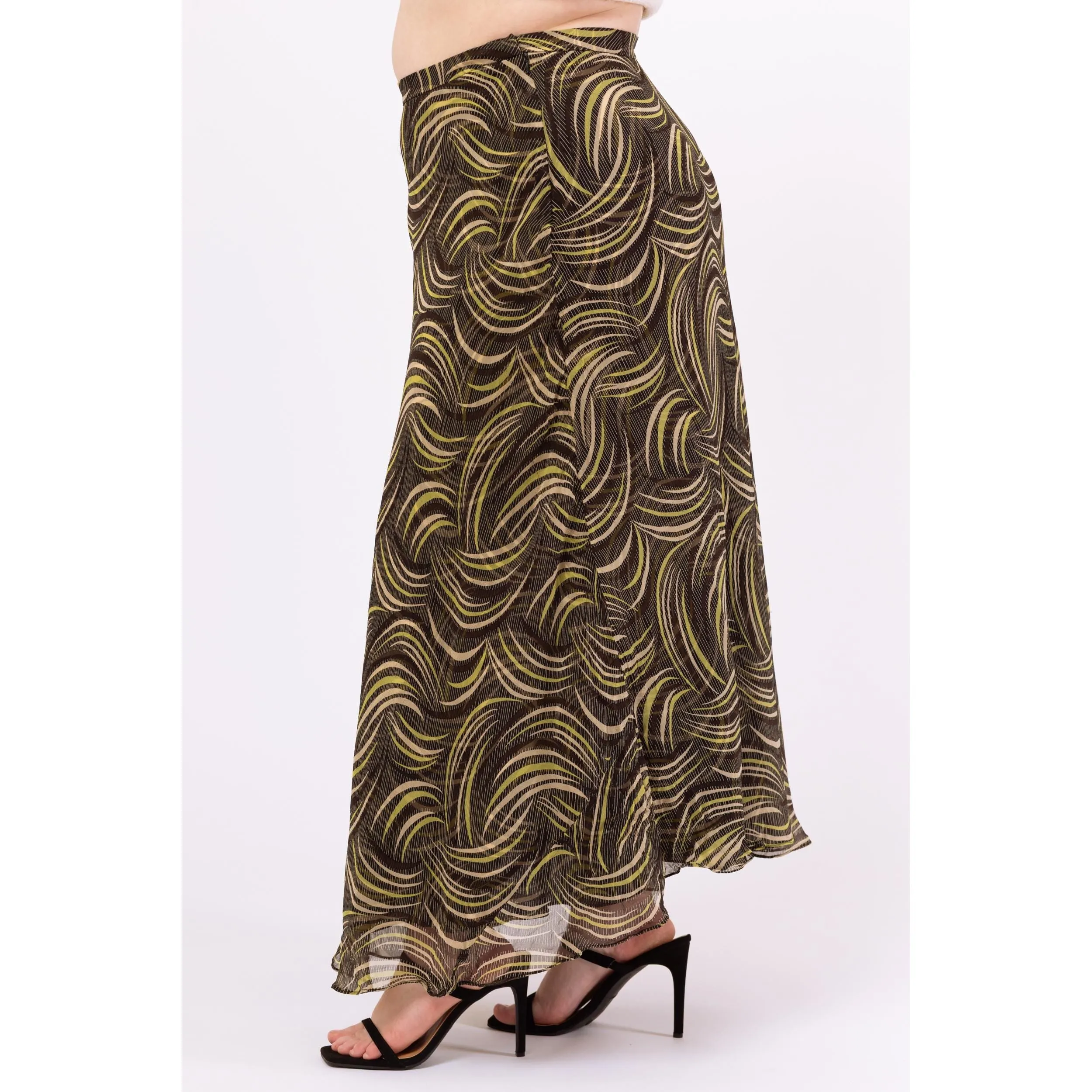 Vintage Y2K Black & Green Silk Abstract Print Maxi Skirt - Extra Large, Size 16