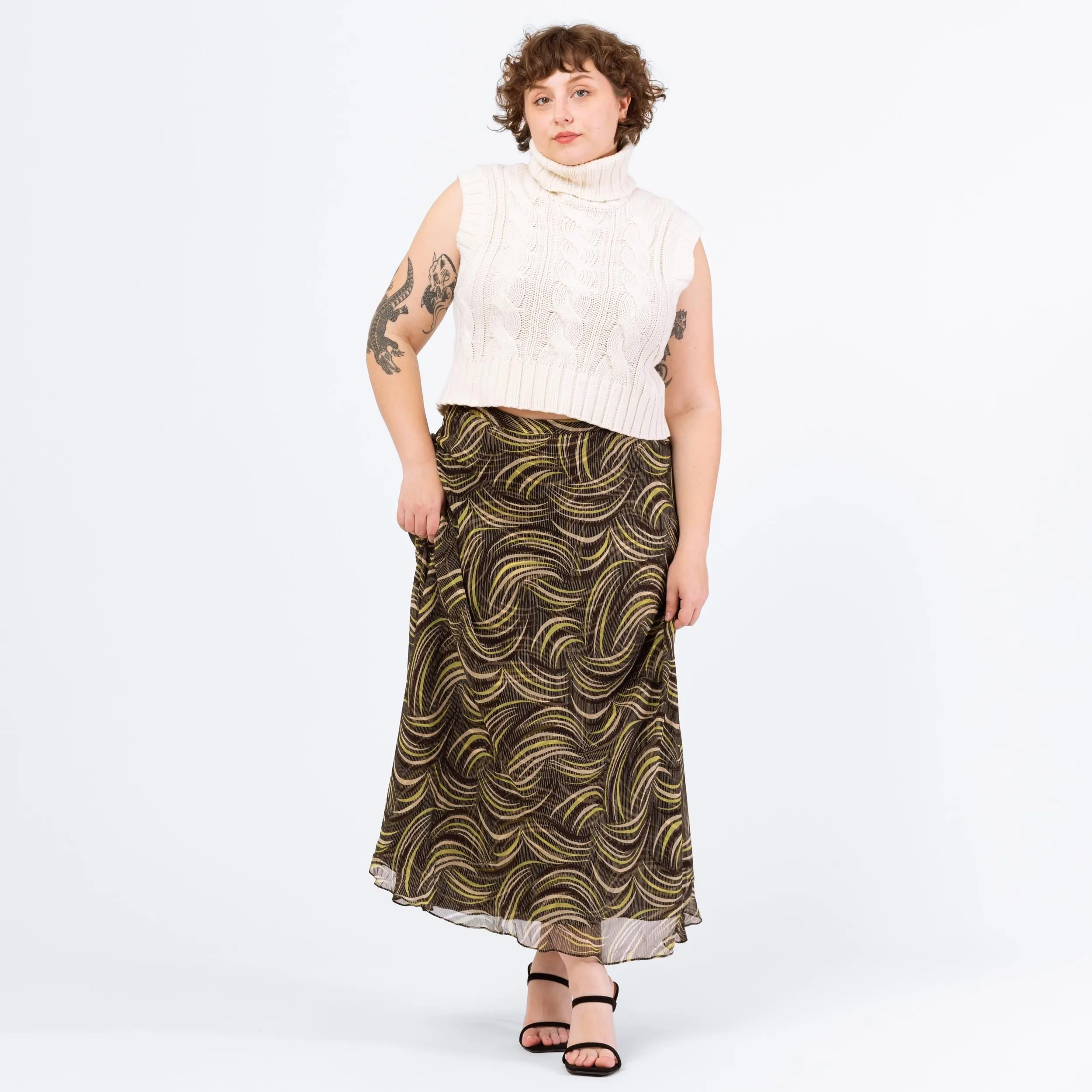 Vintage Y2K Black & Green Silk Abstract Print Maxi Skirt - Extra Large, Size 16