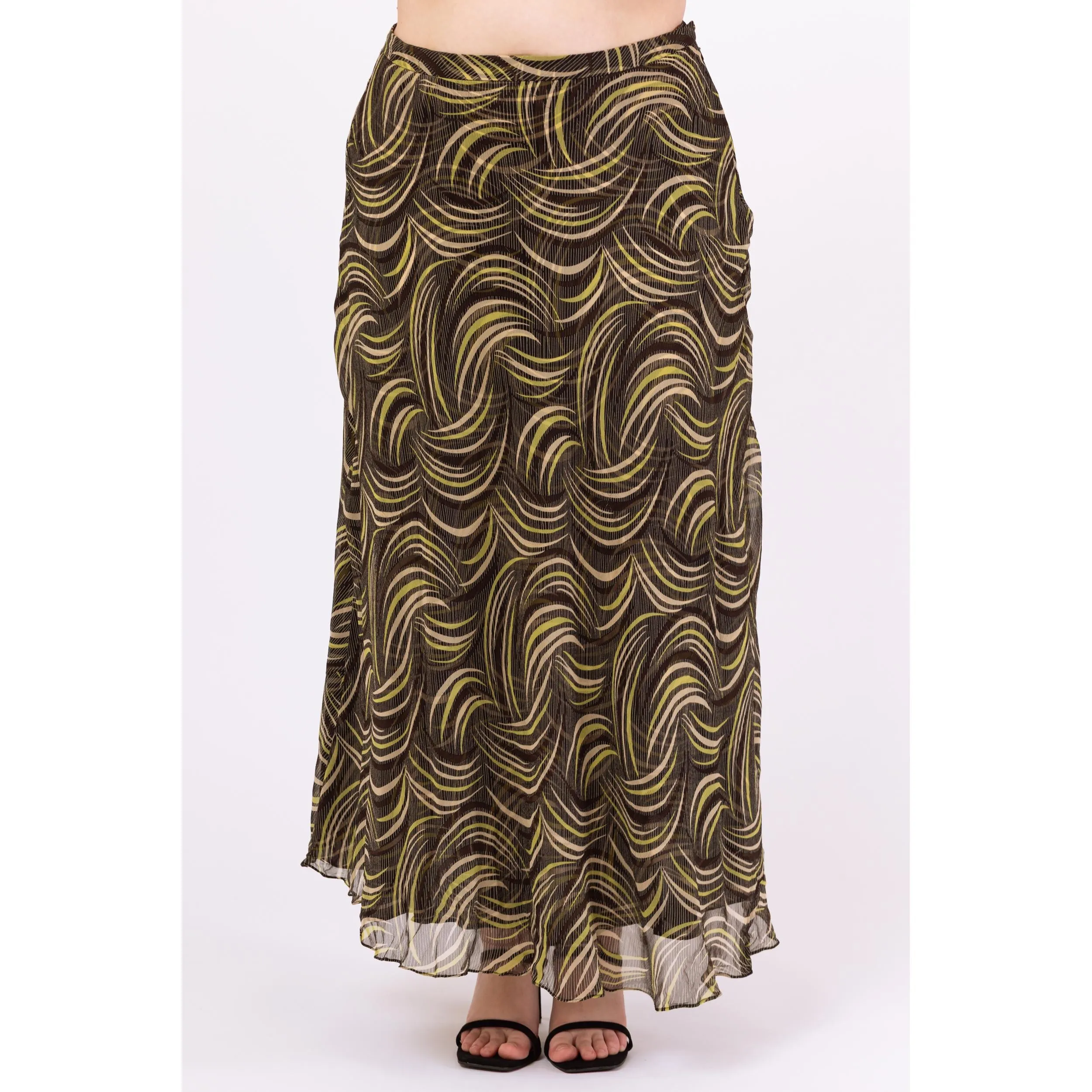 Vintage Y2K Black & Green Silk Abstract Print Maxi Skirt - Extra Large, Size 16